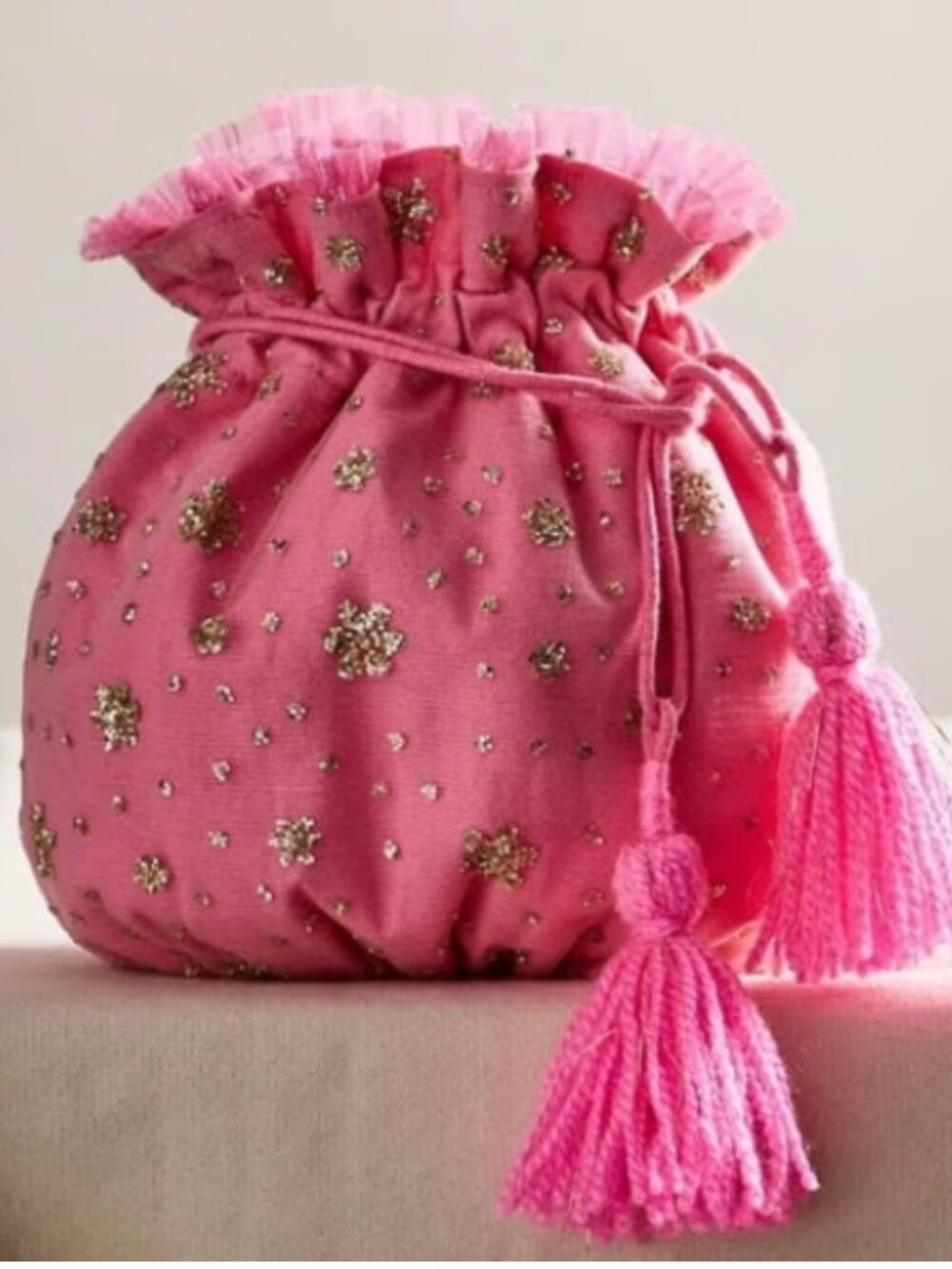 NWT Free People Seasons Sparkle Mini Gift Sack in Pink Tassel